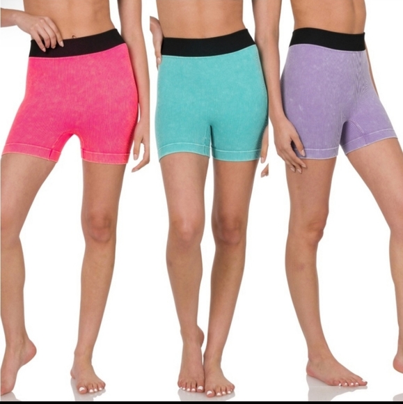 Zenana Not Your Basic Bike Shorts Seamless Ribbed Washed Fuscha FP0000 - Picture 2 of 3